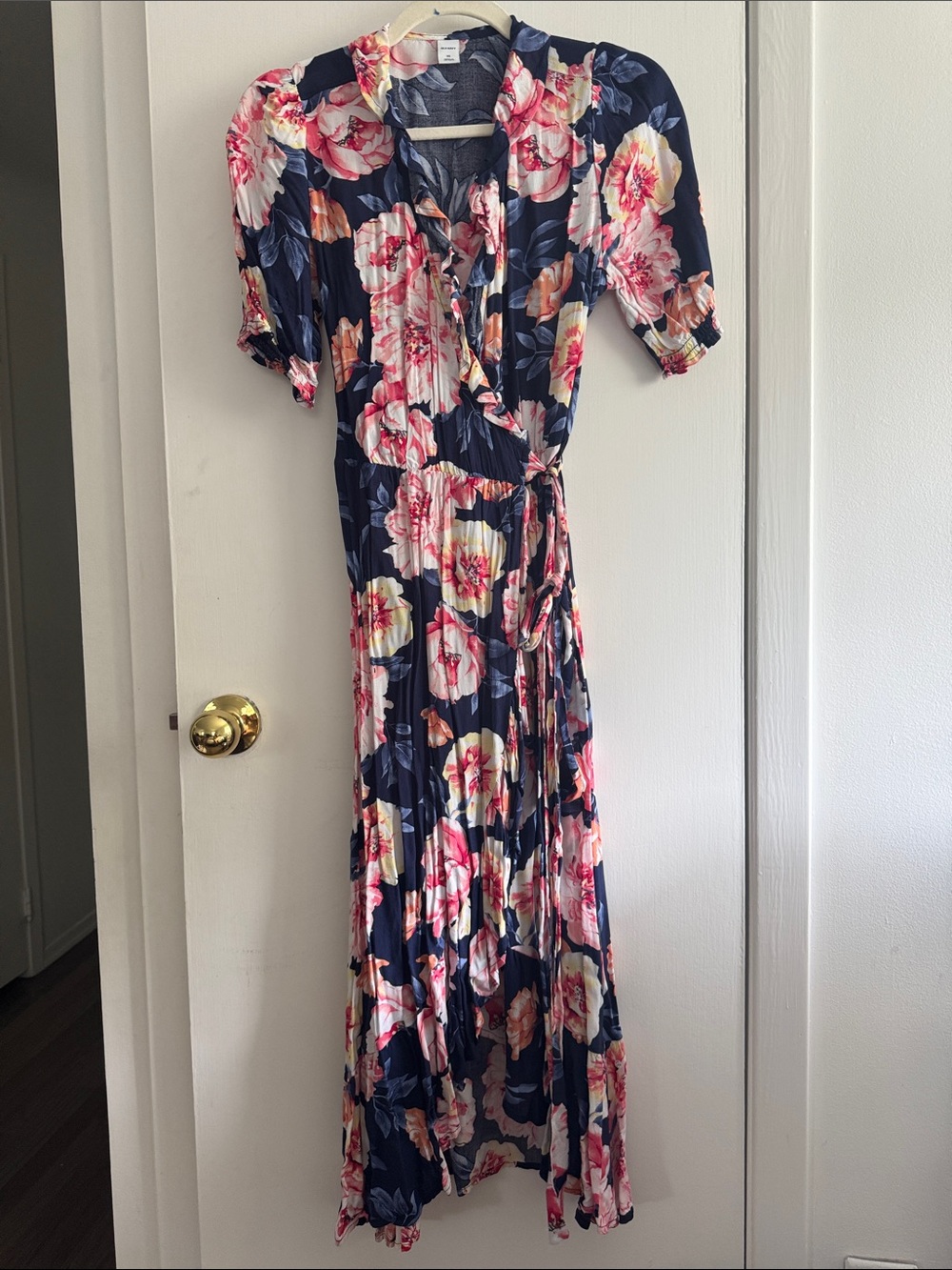 Old Navy Navy Floral Wrap Maxi Dress with Pink and Cream Blooms